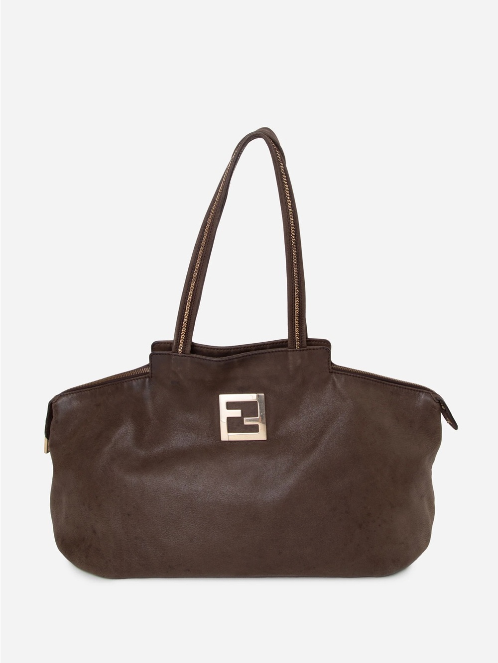 Fendi Brown Metallic Nubuck Medium Chains Tote